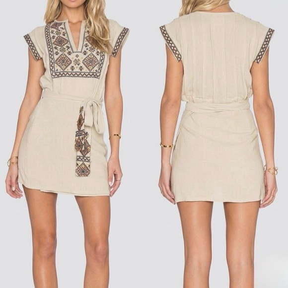 Free People Dresses & Skirts - Free People Boho Embroidered Wrap Dress SP Beige Cotton Mini Festival Tie Waist